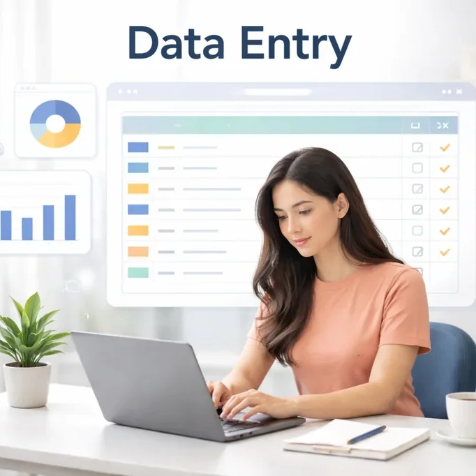 Data entry professional working on a laptop with a simple spreadsheet interface in a modern office workspace.