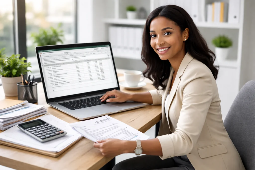 Office clerk capturing invoice information into a simple spreadsheet while reviewing paperwork at a desk.