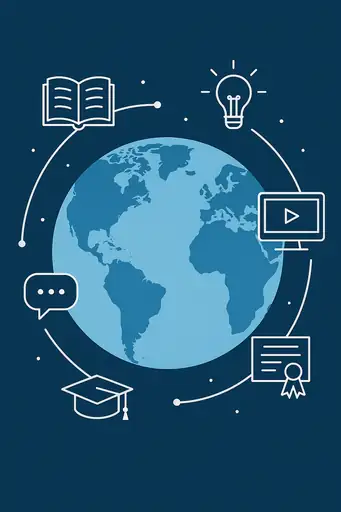 Illustration of a globe surrounded by learning icons, including a book, lightbulb, computer, speech bubble, graduation cap, and certificate, representing global online education