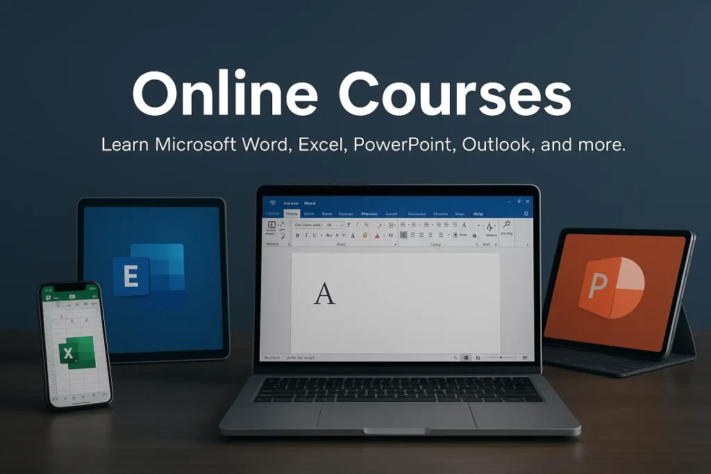Online courses banner showcasing Microsoft Word, Excel, PowerPoint, and Outlook on multiple devices