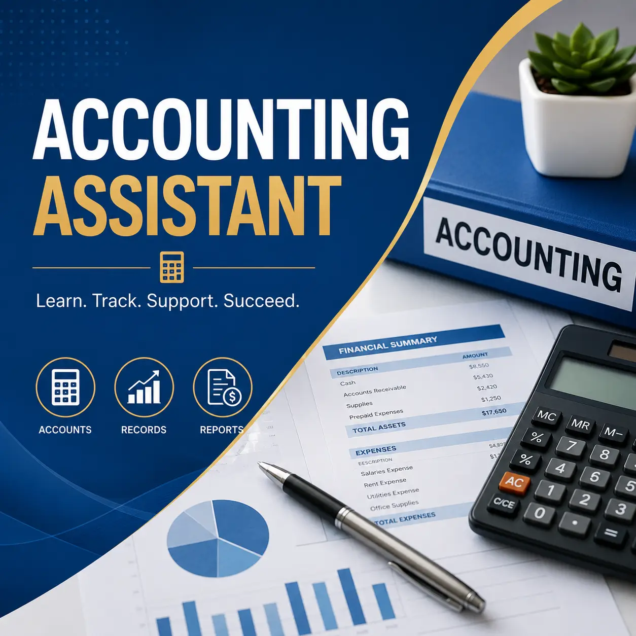 Accounting Assistant course cover featuring financial reports, calculator, charts, and accounting records on a professional blue and gold background.