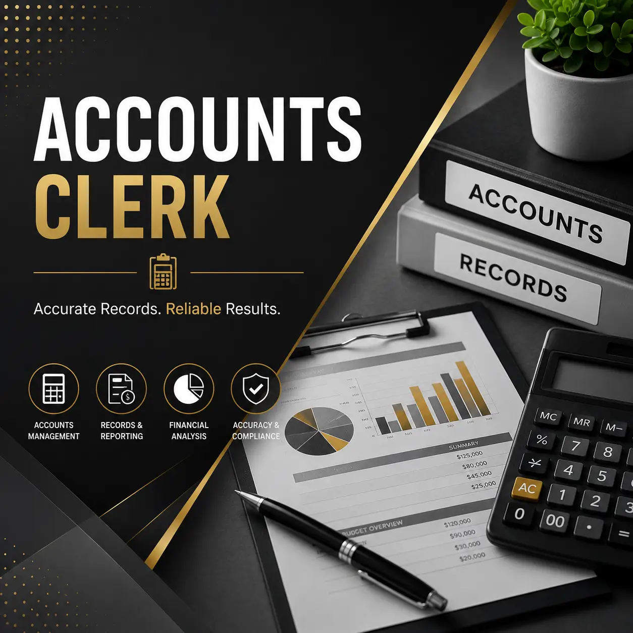 Accounts Clerk course cover featuring financial records, calculator, accounting reports, and compliance icons on a black, grey, and gold professional background.