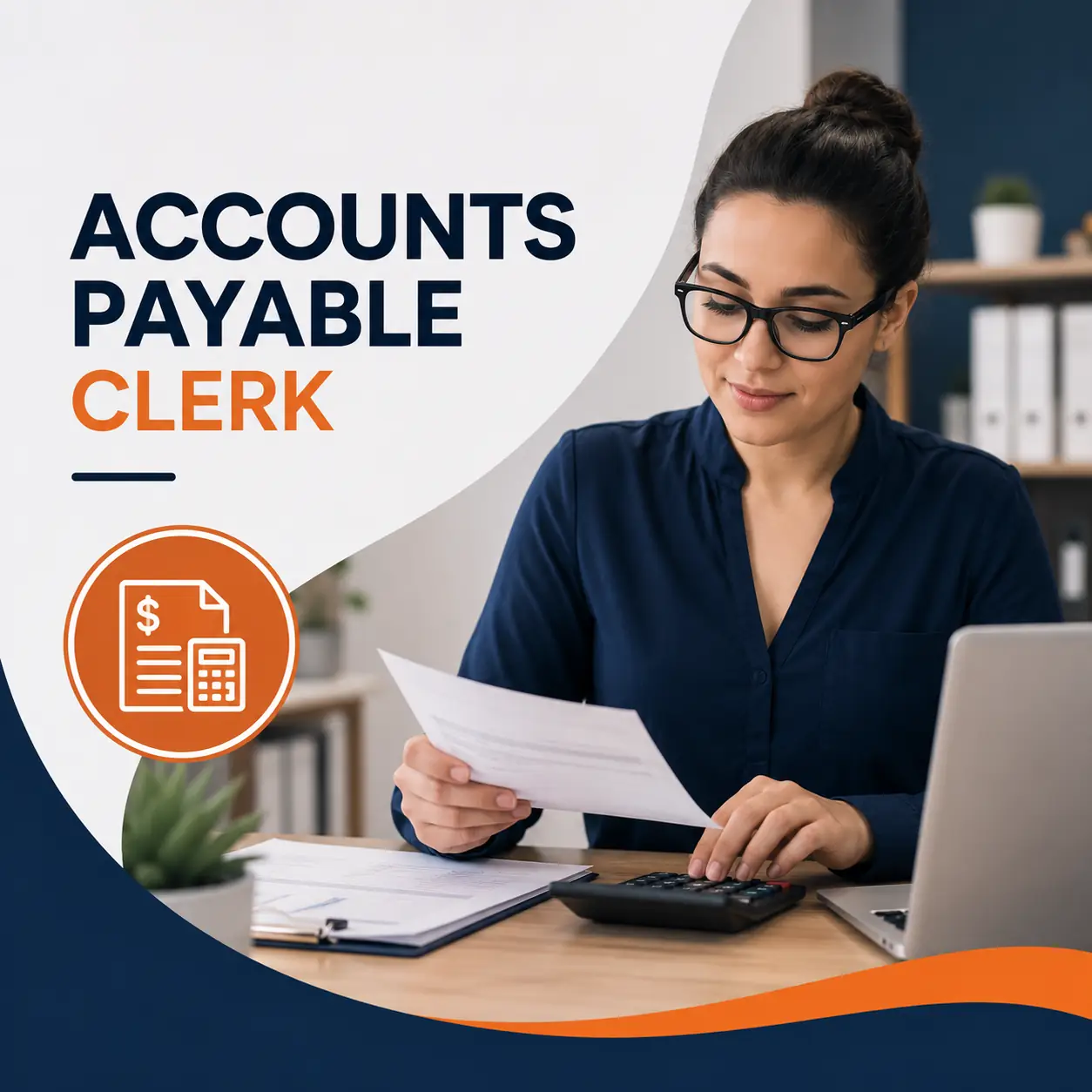 Accounts Payable Clerk course cover featuring a finance professional reviewing invoices and processing payments with a calculator in a modern office.