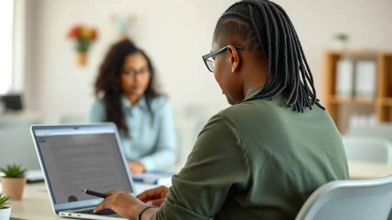 Person learning artificial intelligence skills on a laptop in a modern workspace