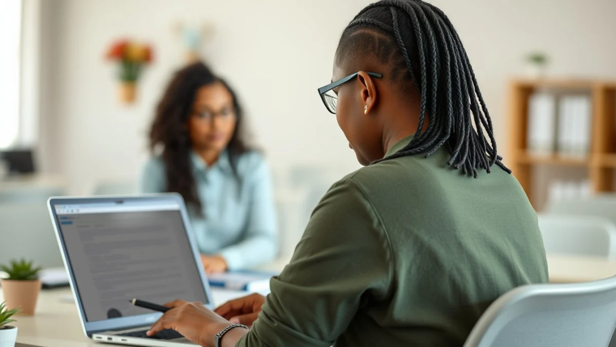 Person learning artificial intelligence skills on a laptop in a modern workspace