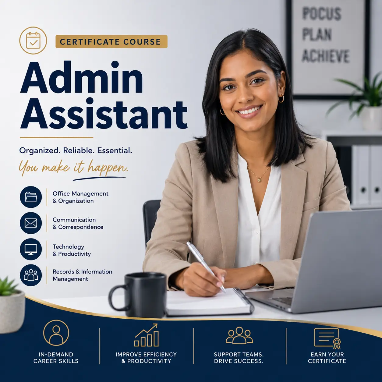 Professional Admin Assistant course cover image featuring a woman working at a modern office desk with a laptop, styled in navy and gold corporate branding.