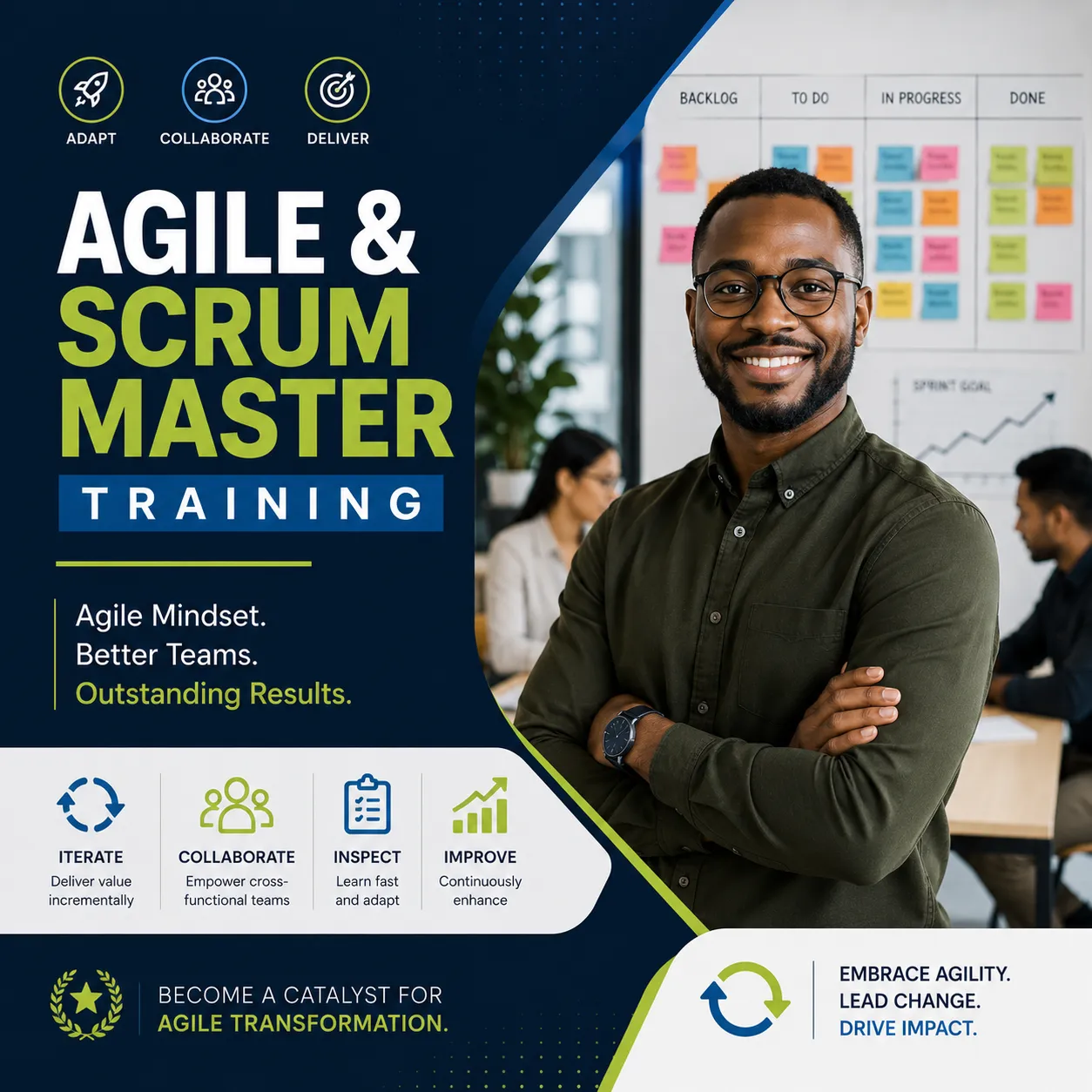 Modern Agile and Scrum Master training course cover featuring a professional business leader with agile workflow boards, sprint planning visuals, and collaborative office teamwork environment.