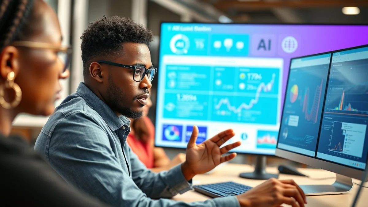 Person learning artificial intelligence skills on a laptop in a modern workspace