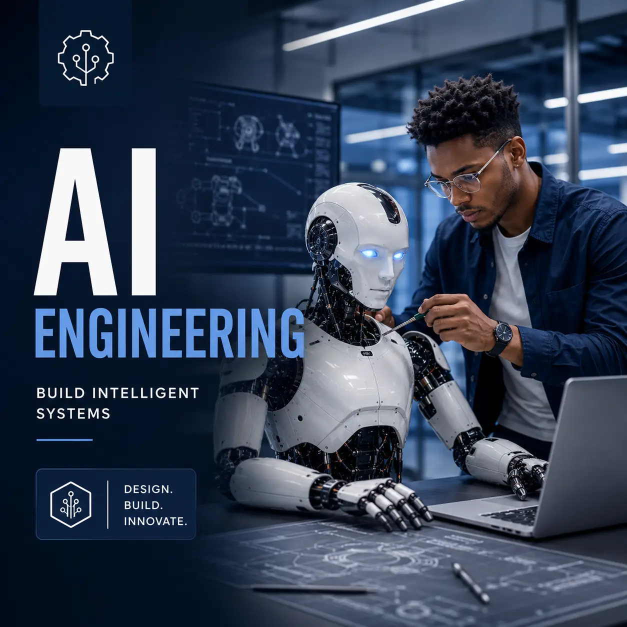 Professional AI Engineering certificate course cover featuring a South African engineer building and programming a humanoid AI robot in a modern technology lab environment.