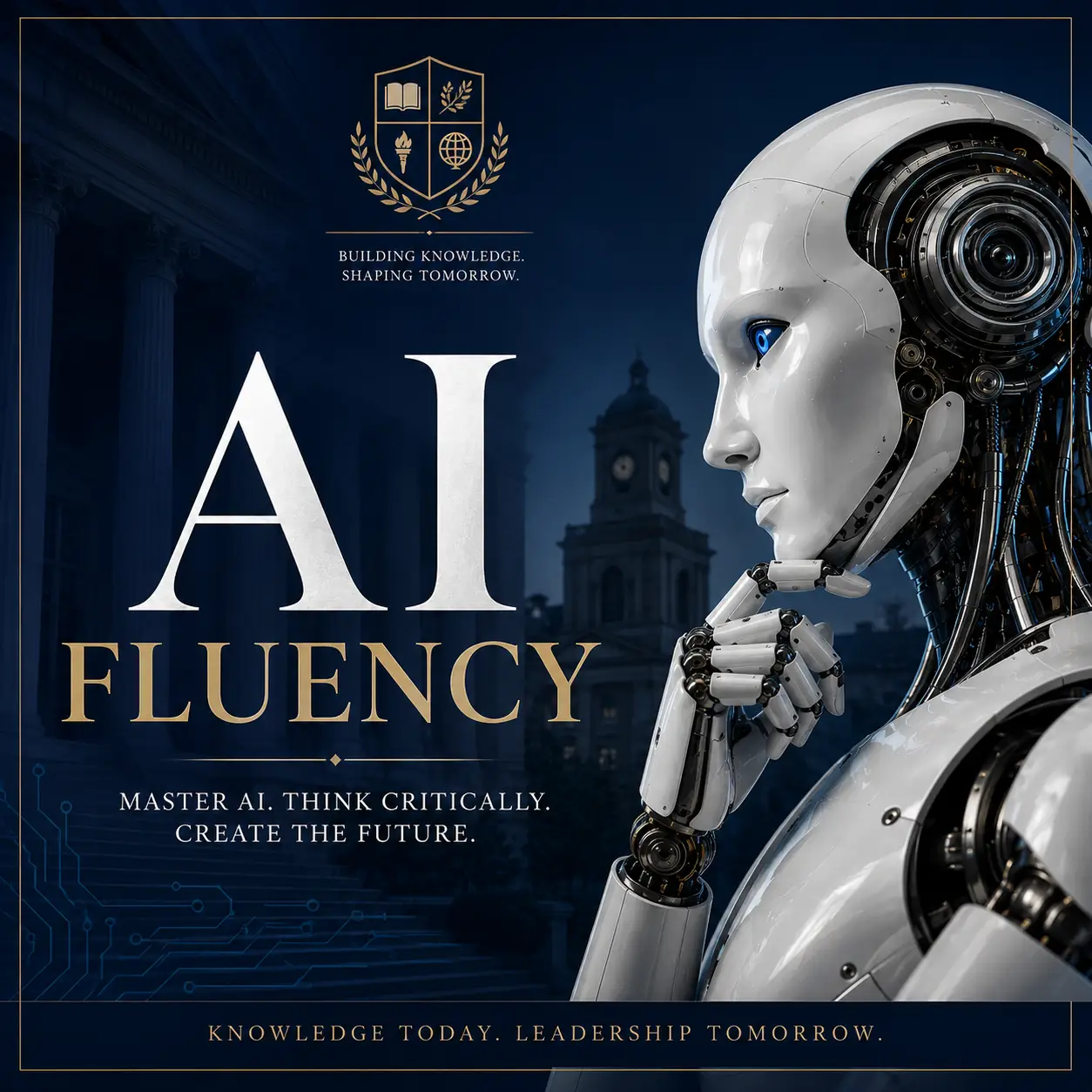 Professional AI Fluency certificate course cover featuring a futuristic humanoid robot with an academic university-inspired blue and gold design.