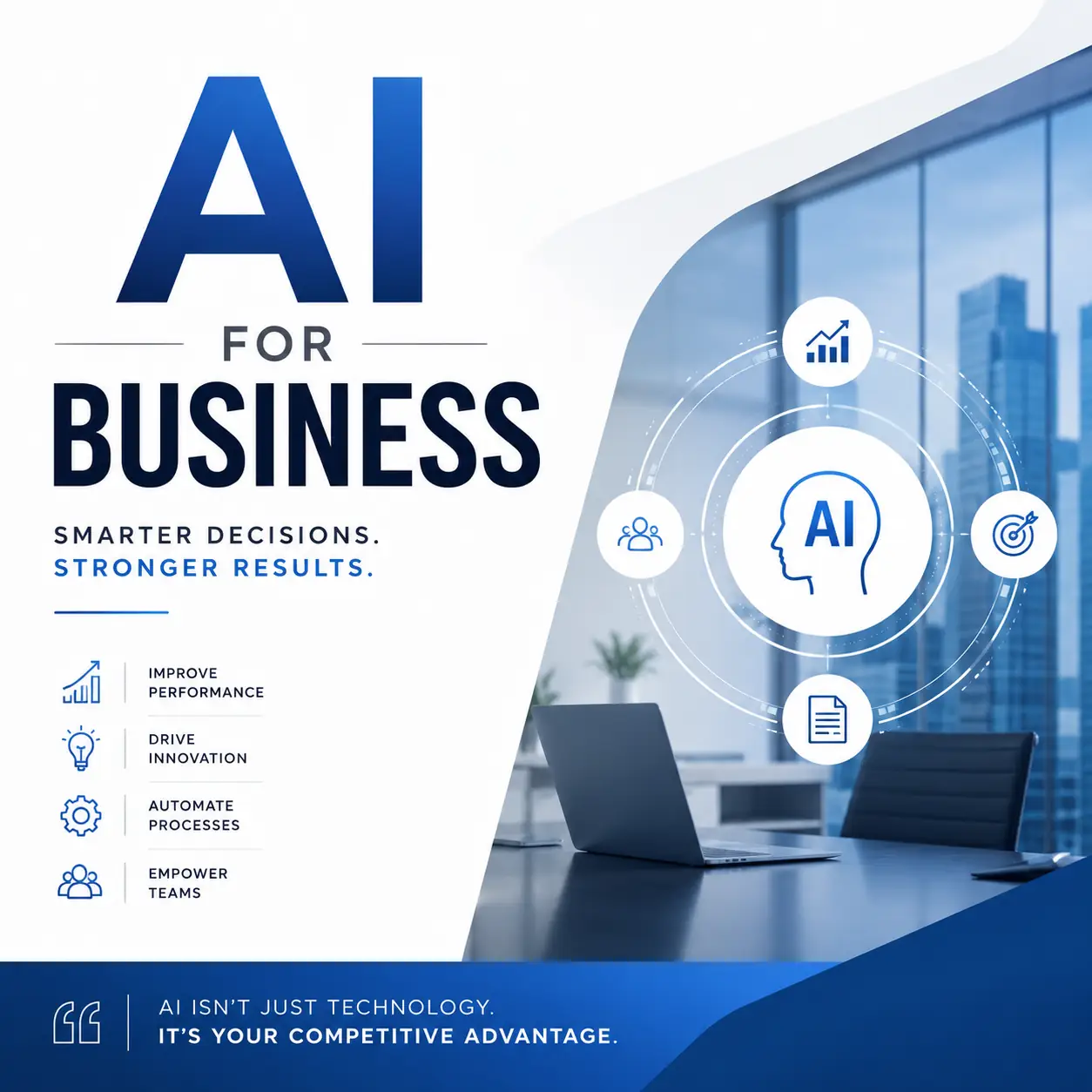 Professional AI for Business certificate course cover featuring a clean corporate office environment with modern AI business strategy and automation graphics in blue and white tones.