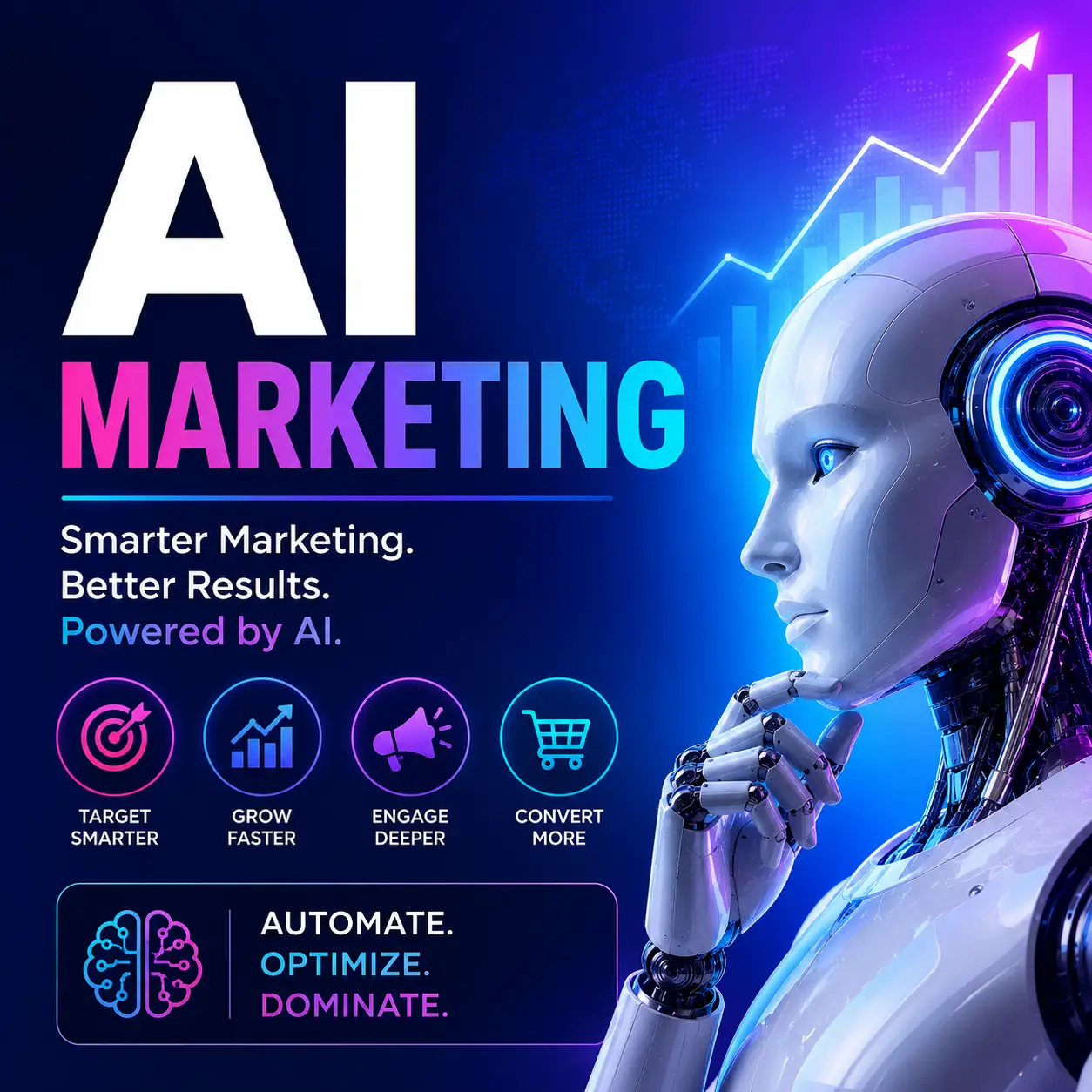 Professional AI Marketing certificate course cover featuring a futuristic humanoid robot with vibrant neon blue and pink marketing graphics and modern digital growth visuals.