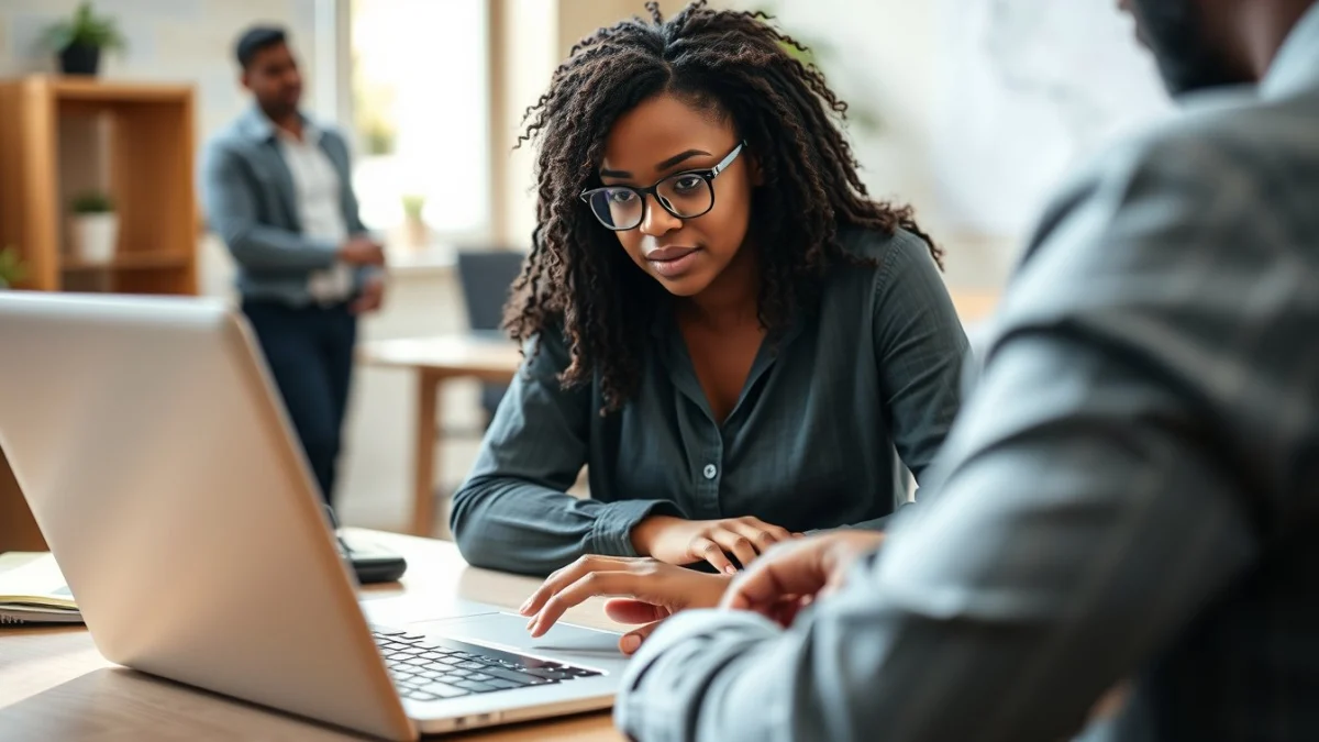 Person learning business skills in a clean modern workspace
