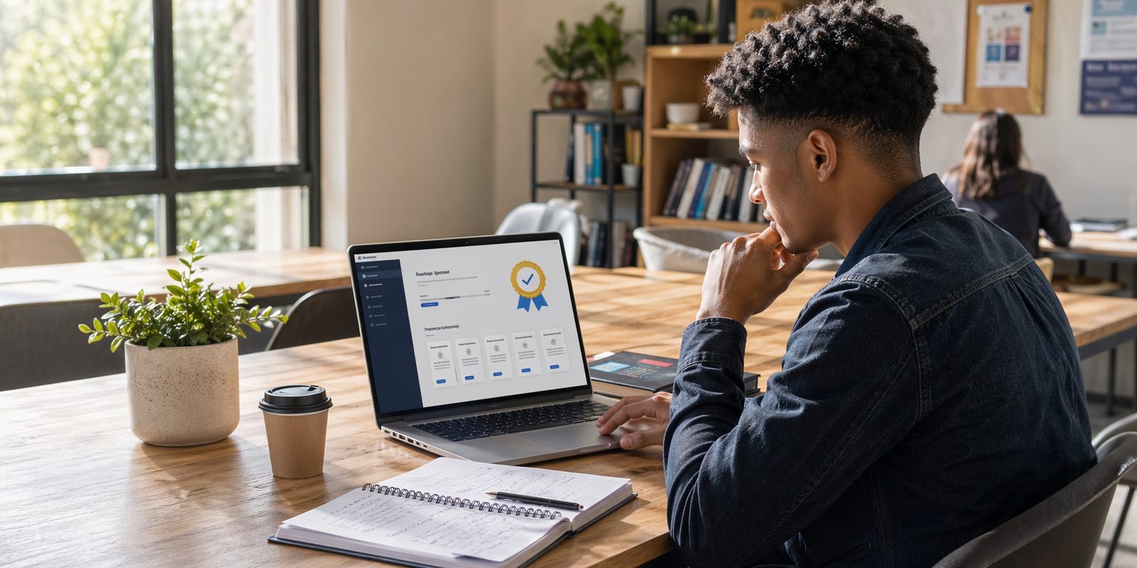 Learner reviewing the value of a free online course at a bright workspace