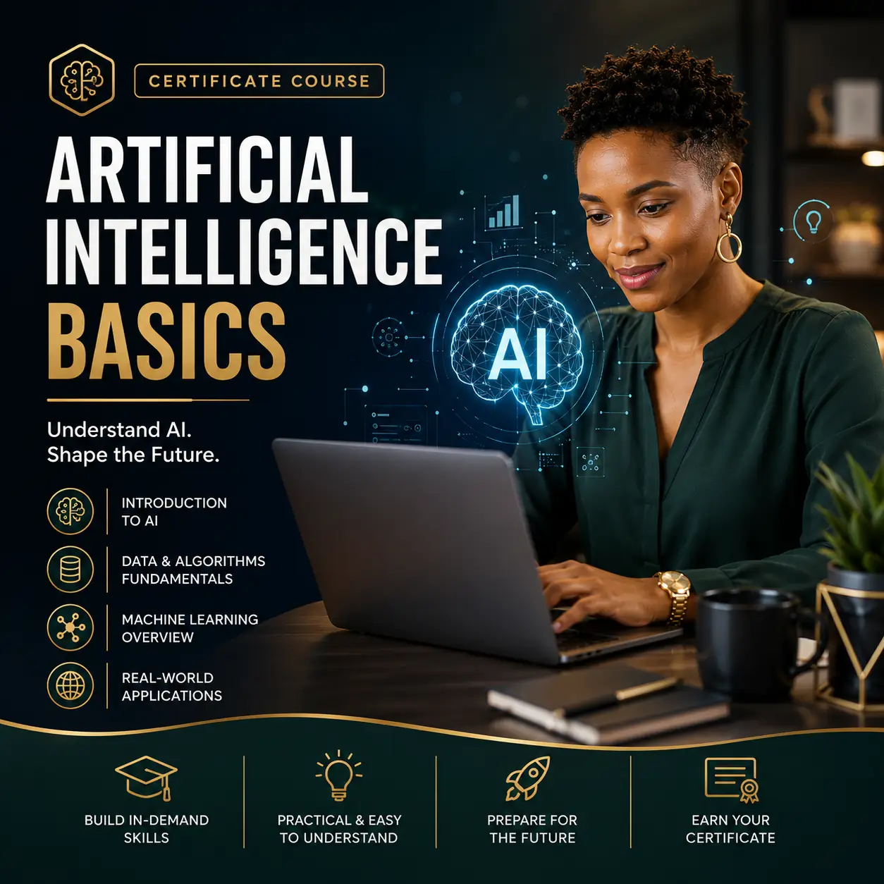 Premium Artificial Intelligence Basics certificate course cover image featuring a professional woman using a laptop with futuristic AI graphics, dark navy and gold branding, and a modern technology-inspired workspace.