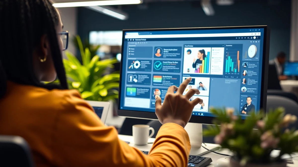 Person learning artificial intelligence skills on a laptop in a modern workspace