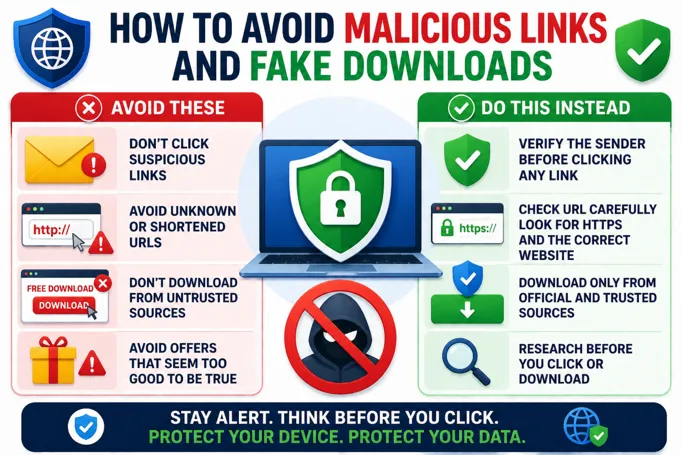 Infographic showing how to avoid malicious links and fake downloads with safe vs unsafe actions, including verifying links, avoiding suspicious downloads, and protecting your device. 