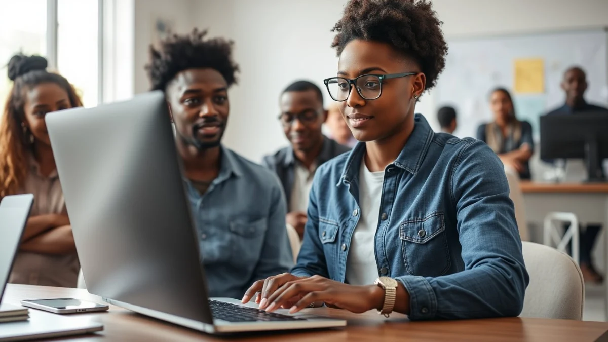 Person learning artificial intelligence skills on a laptop in a modern workspace