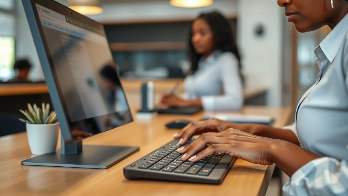 Person learning artificial intelligence skills on a laptop in a modern workspace