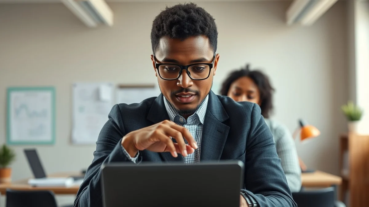 Person learning artificial intelligence skills on a laptop in a modern workspace