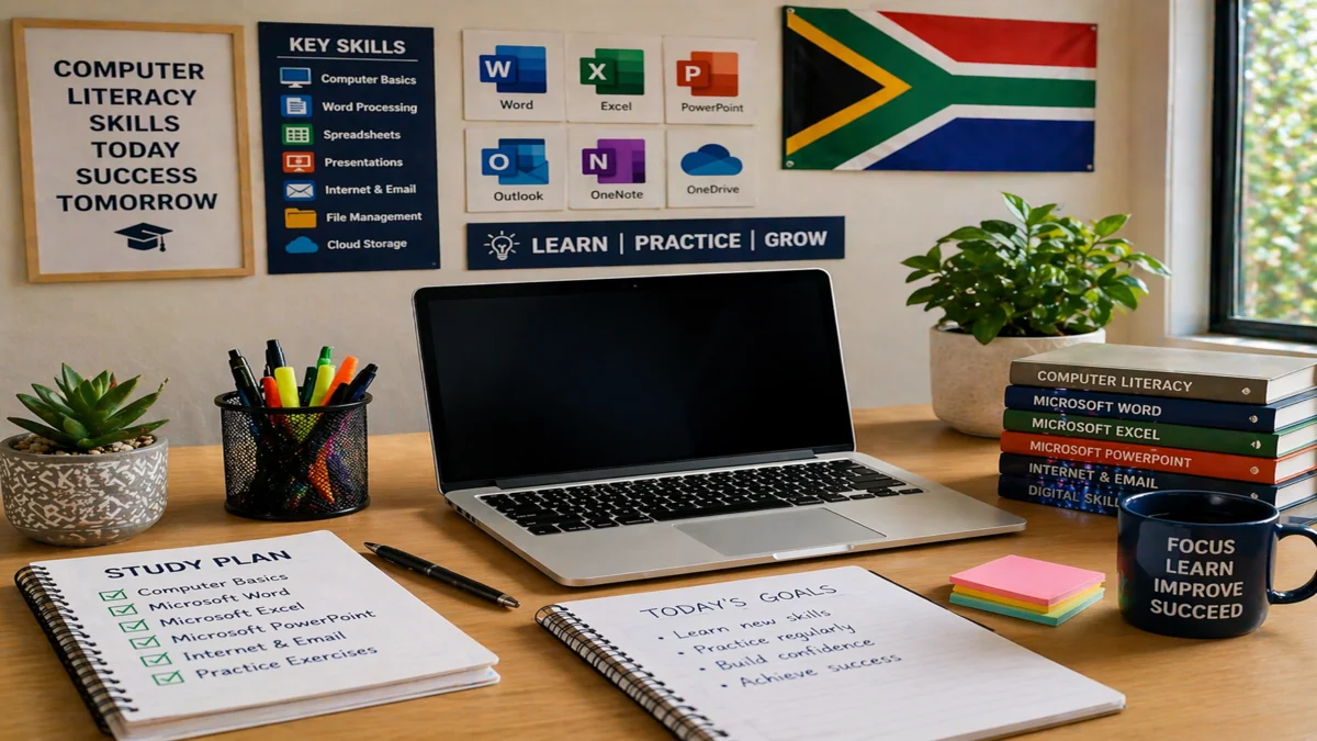 Computer literacy course study workspace with laptop and office software tools