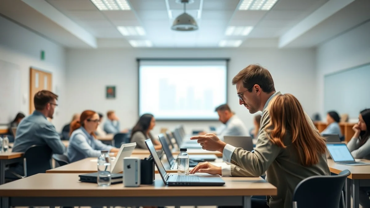 Person learning artificial intelligence skills on a laptop in a modern workspace