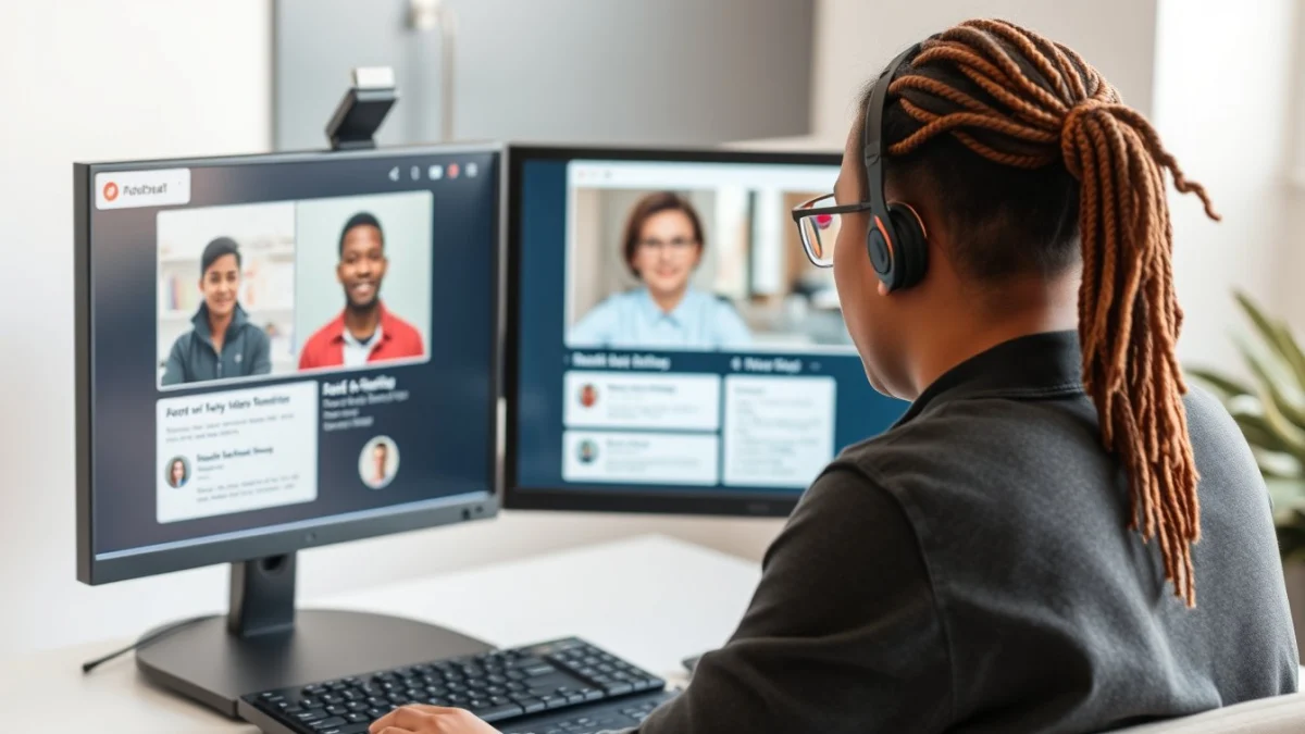 Person learning artificial intelligence skills on a laptop in a modern workspace
