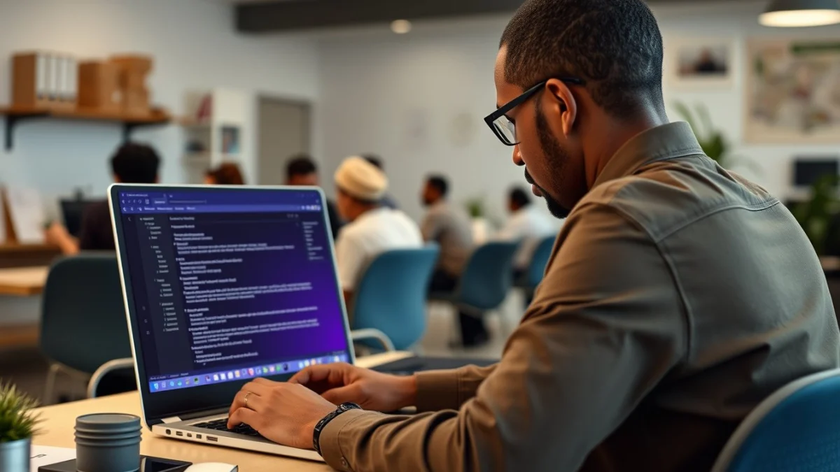 Person learning artificial intelligence skills on a laptop in a modern workspace