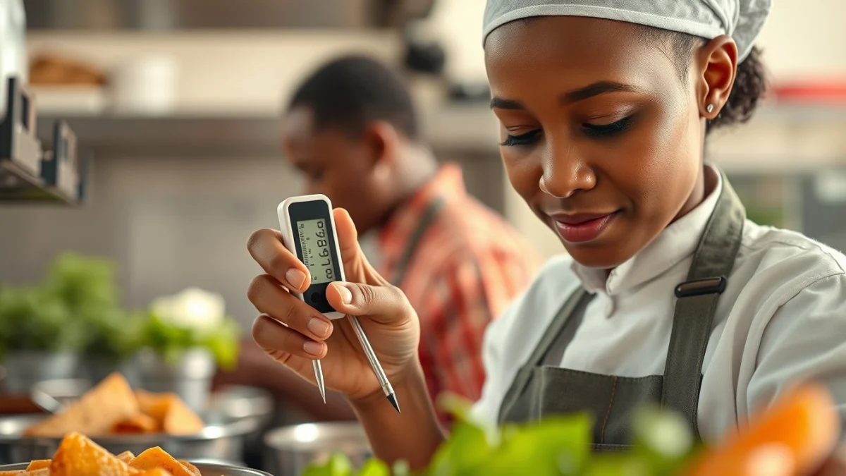 Person learning basic principles of food safety and hygiene in a modern educational setting