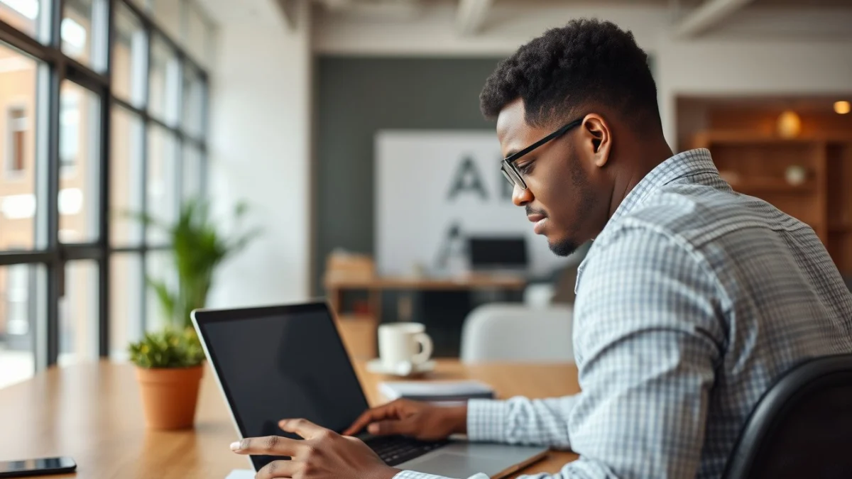 Person learning artificial intelligence skills on a laptop in a modern workspace
