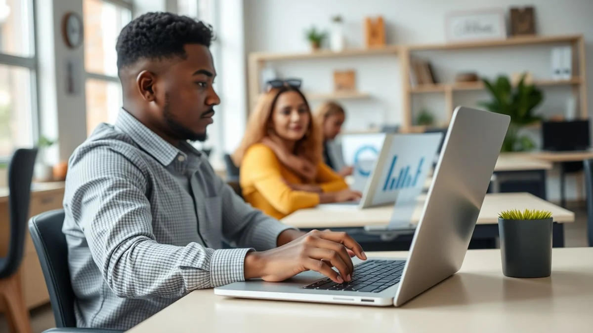 Person learning artificial intelligence skills on a laptop in a modern workspace
