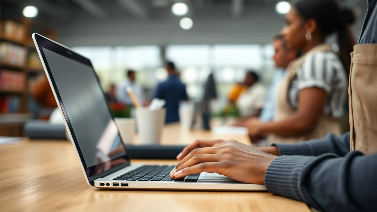 Person learning artificial intelligence skills on a laptop in a modern workspace