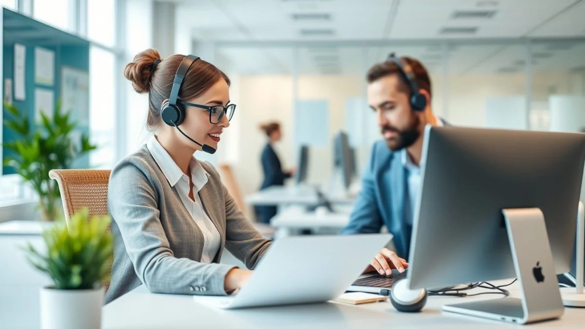 Person learning customer service in a call centre in a modern educational setting