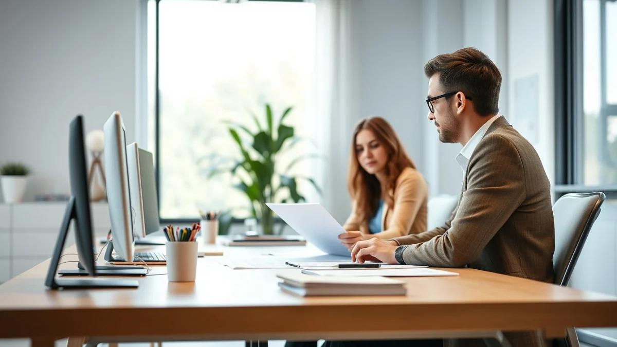 Person learning business skills in a clean modern workspace