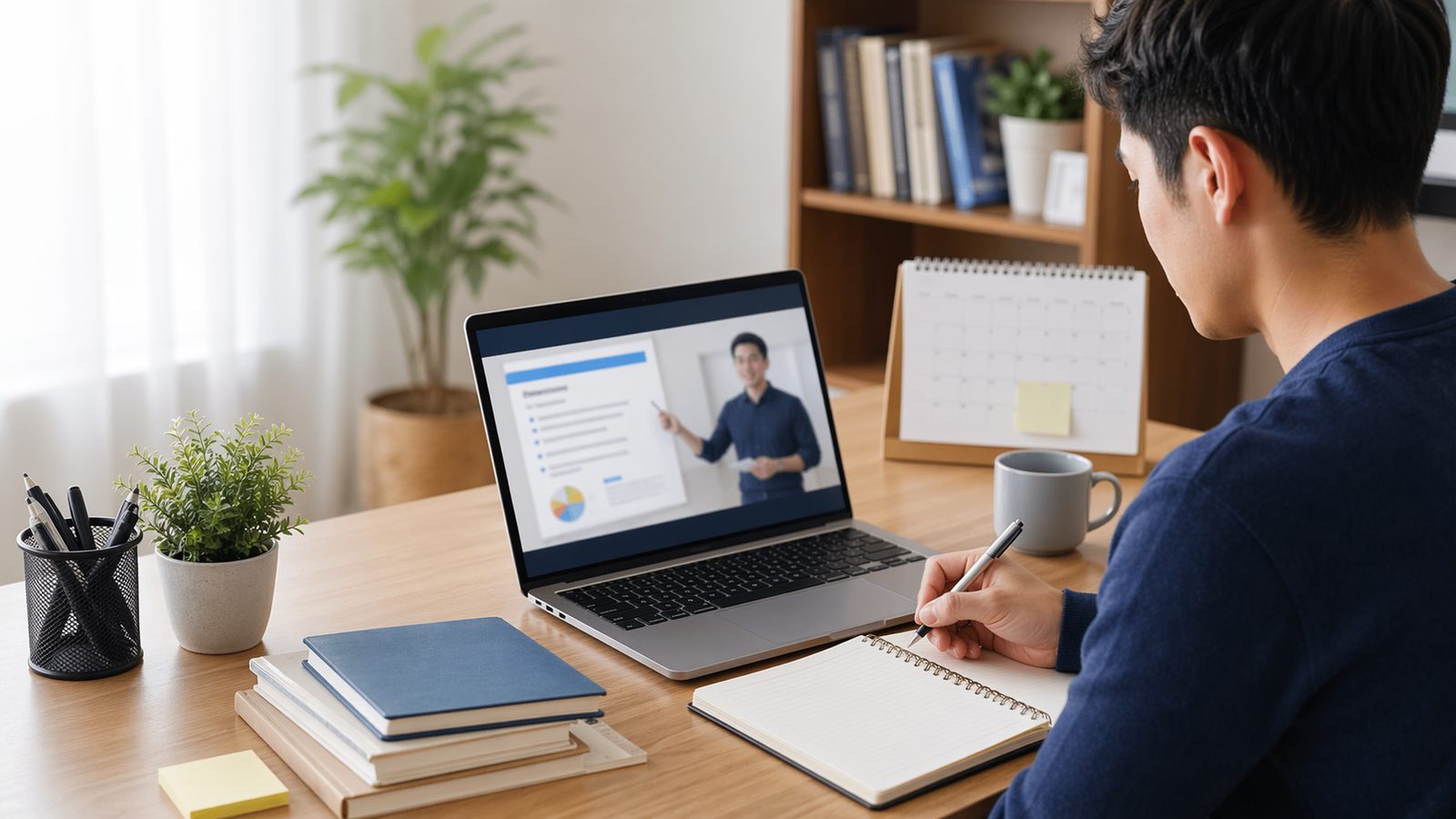 Beginner following a simple online study routine from home