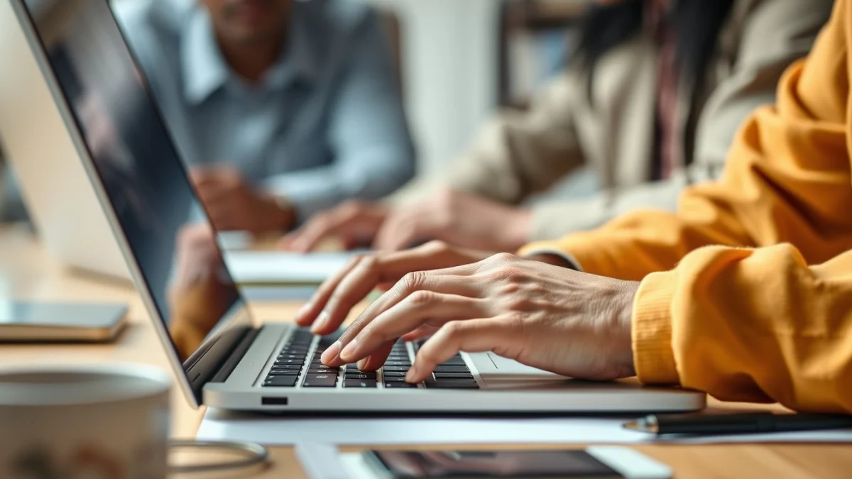 Person learning artificial intelligence skills on a laptop in a modern workspace