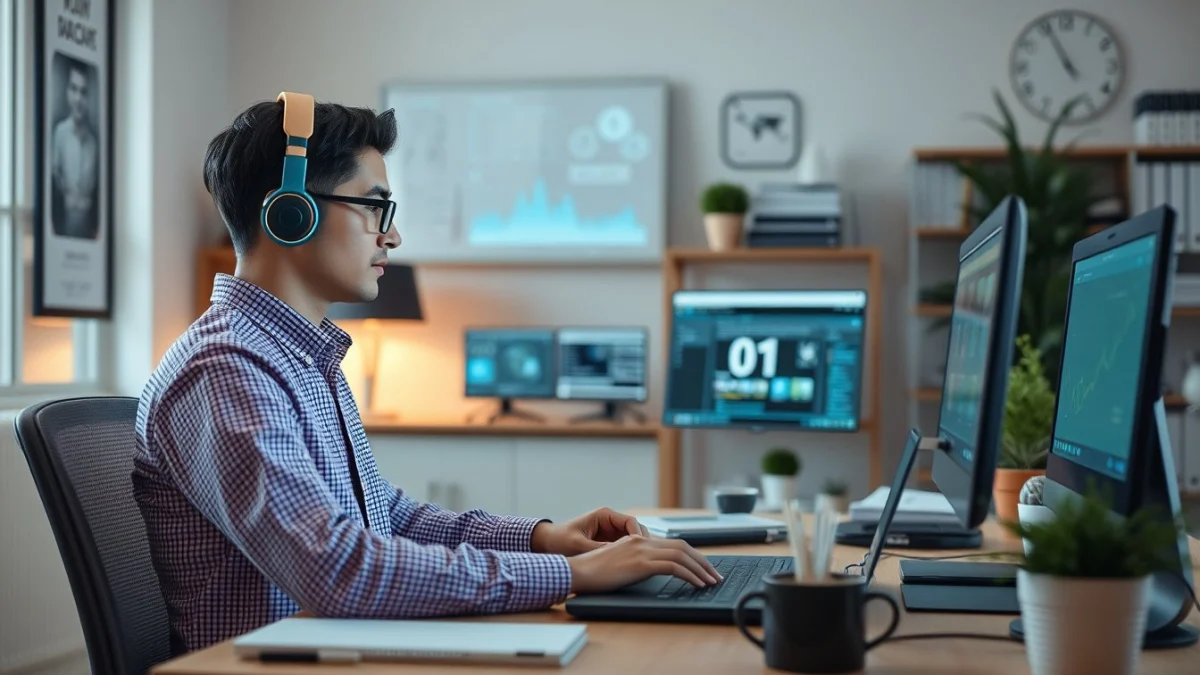 Person learning artificial intelligence skills on a laptop in a modern workspace