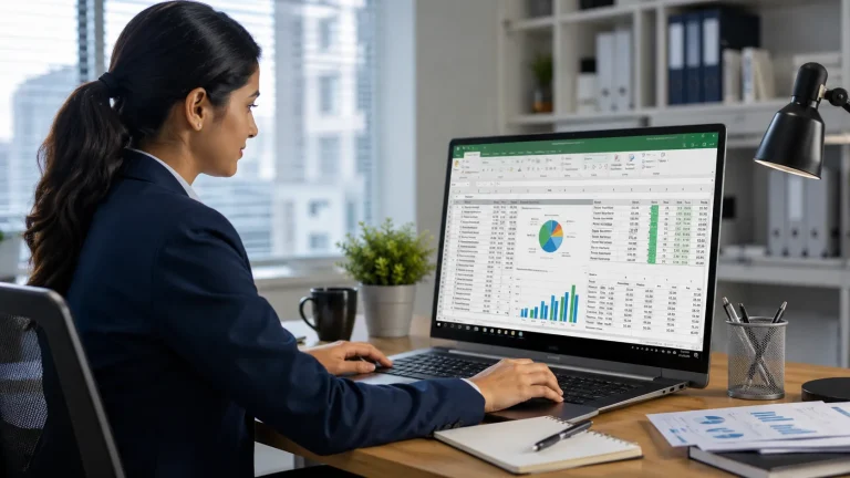 Focused professional working with Excel spreadsheets in a modern office, representing the best Excel skills for office work.