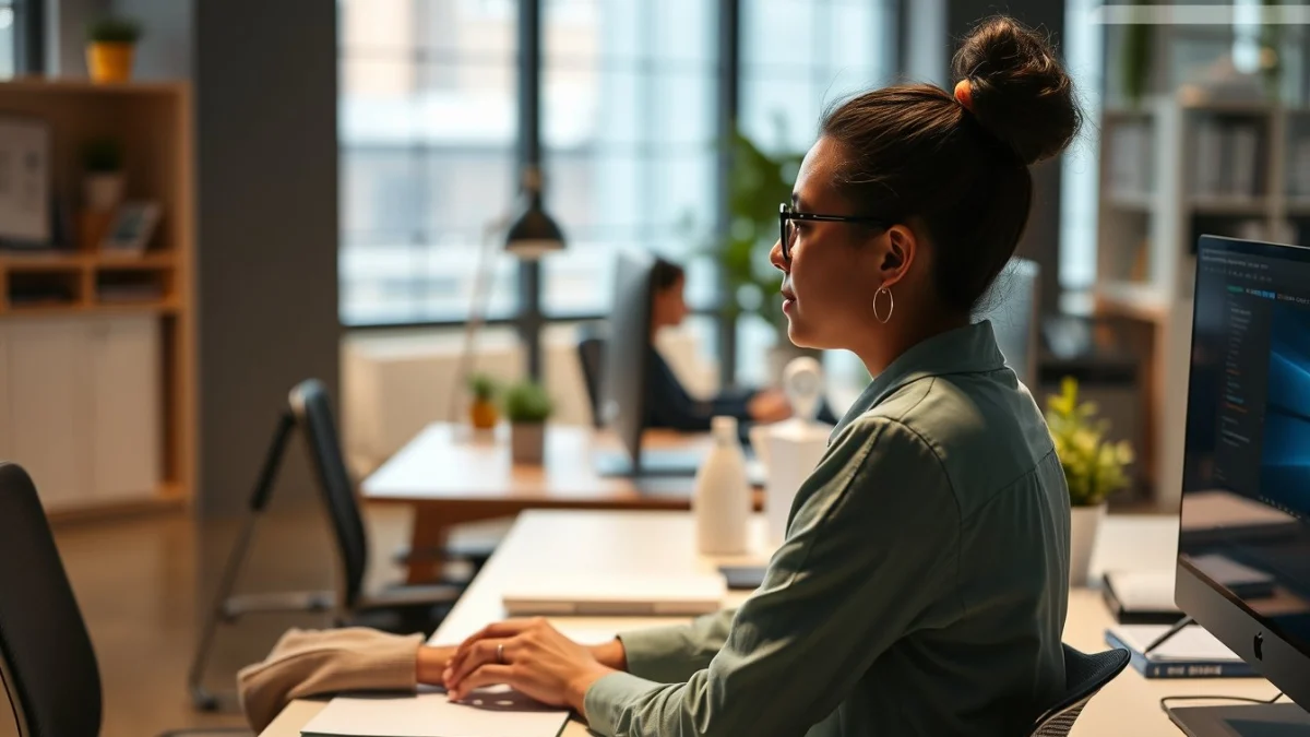 Person learning microsoft outlook skills for administrative jobs in a modern educational setting