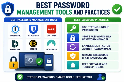 Illustration showing password management tools and security practices with icons for password managers, strong passwords, multi-factor authentication, and secure storage. 