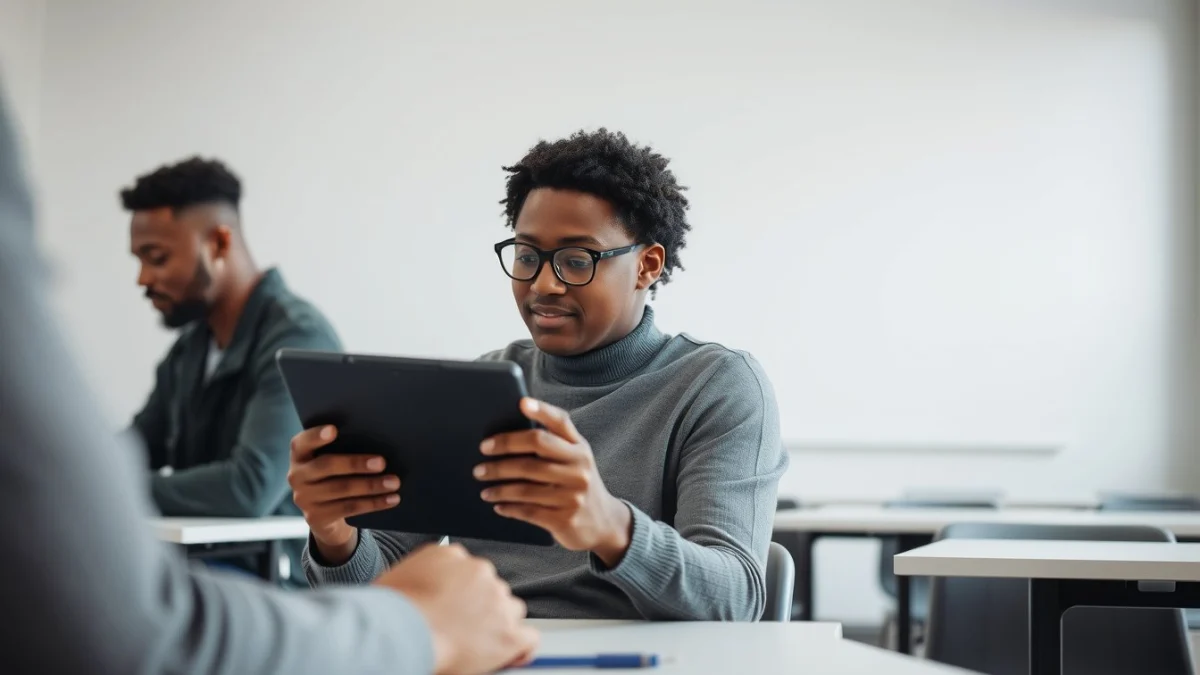 Person learning artificial intelligence skills on a laptop in a modern workspace