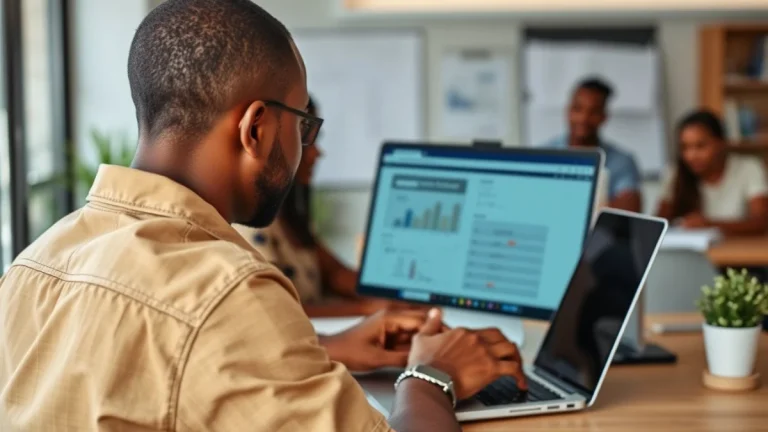 Person learning artificial intelligence skills on a laptop in a modern workspace