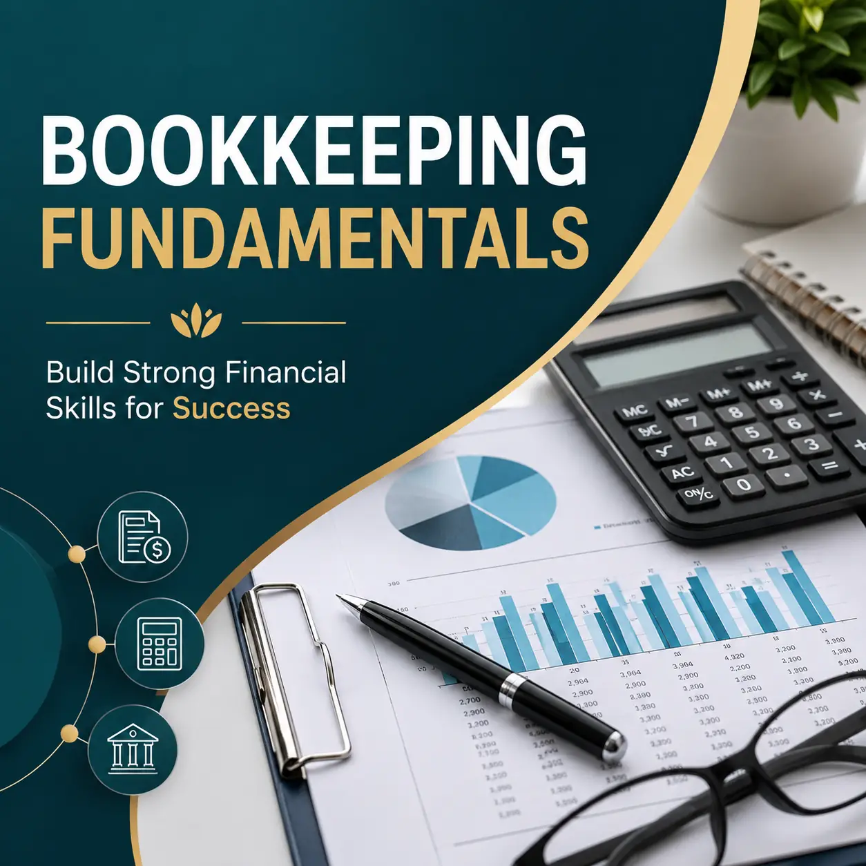 Bookkeeping Fundamentals course cover featuring a calculator, financial reports, charts, and accounting icons on a professional teal and gold background.