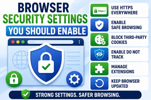Illustration showing browser security settings with a shield and lock, highlighting safe browsing, HTTPS, cookie control, and secure configuration options.