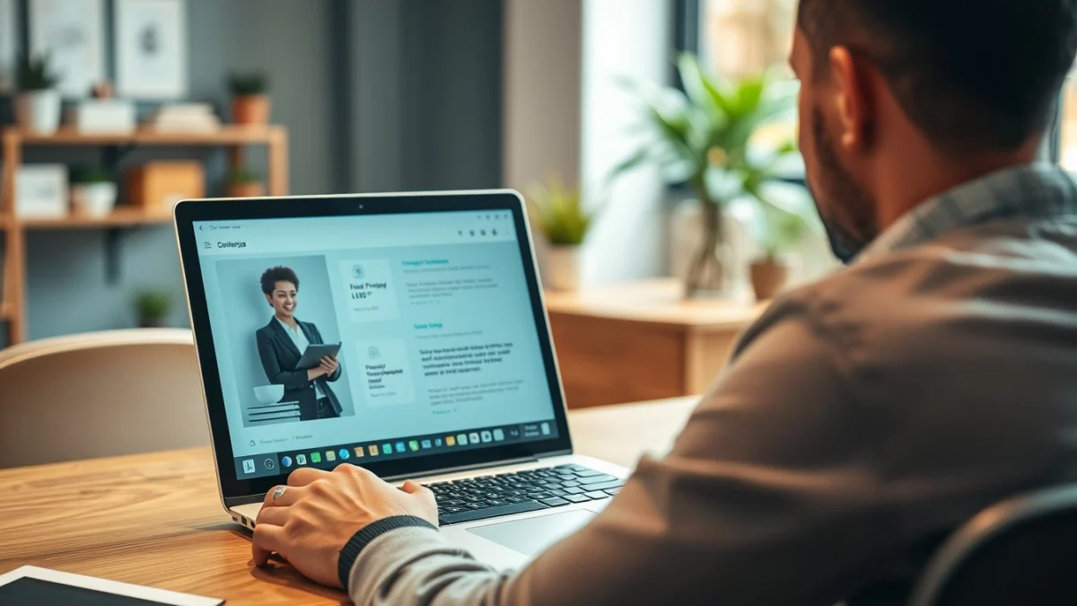 Person learning artificial intelligence skills on a laptop in a modern workspace