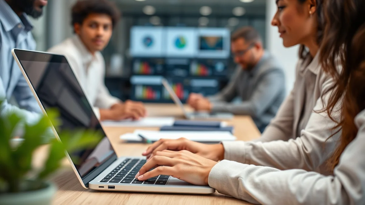 Person learning artificial intelligence skills on a laptop in a modern workspace
