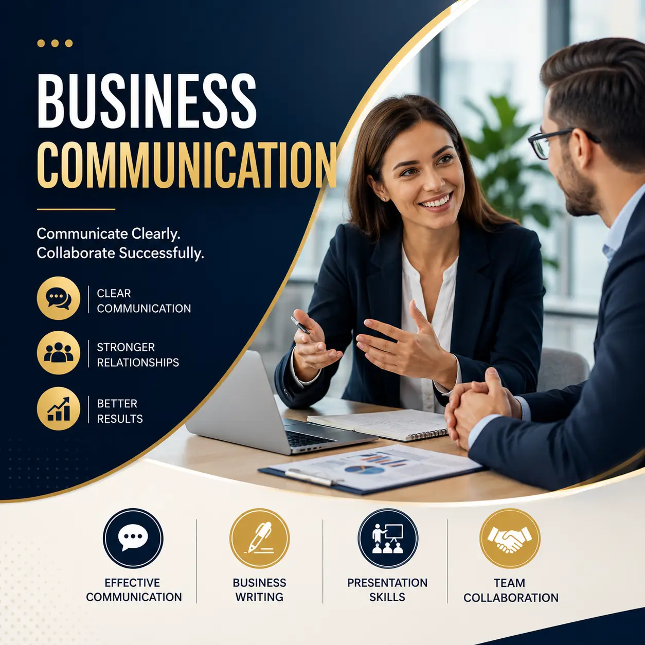 Professional Business Communication course cover featuring two business professionals engaged in a workplace discussion, with a premium navy blue and gold design highlighting communication, collaboration, and presentation skills.
