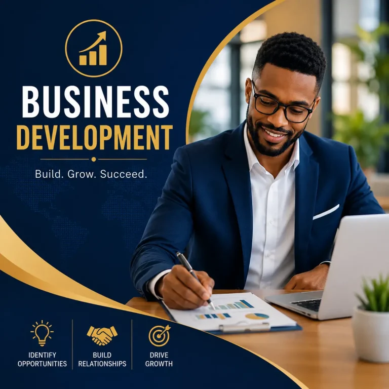 Business Development course cover featuring a business professional analysing growth reports with modern navy and gold branding and a business growth icon.