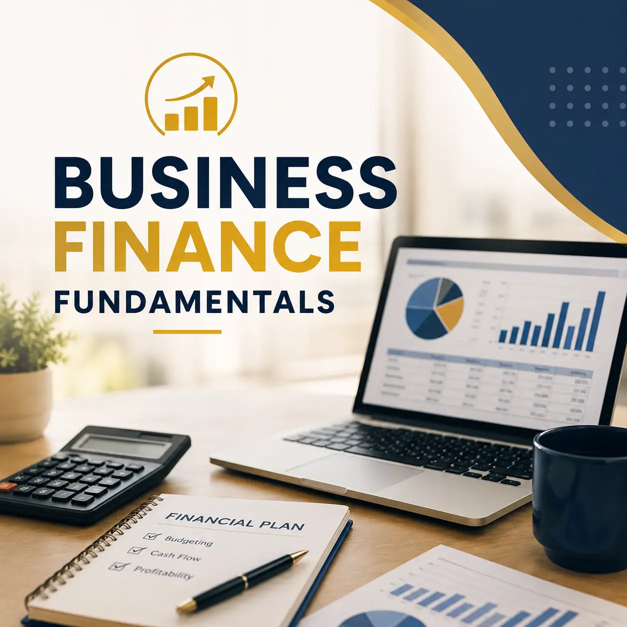 Business Finance Fundamentals course cover featuring a laptop with financial charts, calculator, budgeting plan, and business finance workspace.