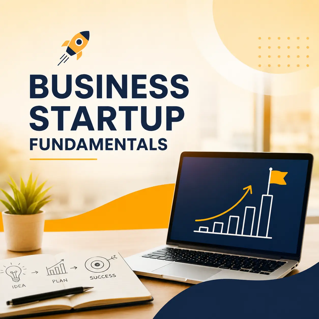 Business Startup Fundamentals course cover featuring a laptop with a business growth chart, startup planning notebook, and modern office workspace.